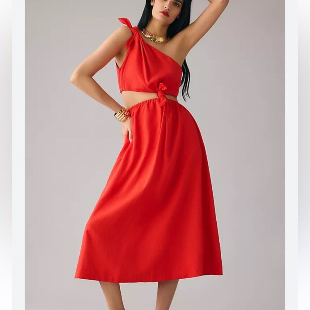 FARM Rio size medium linen Bold Red cut out midi dress knot